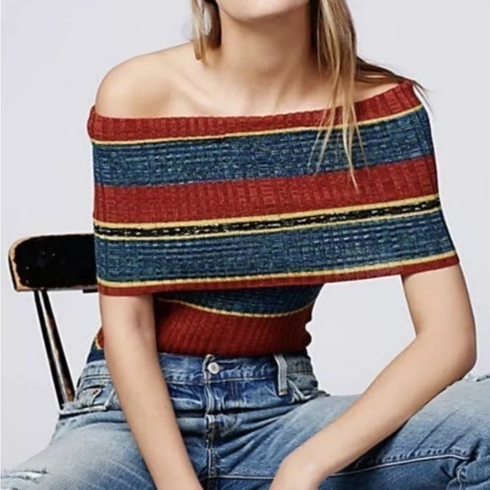 Free People Carly Cowl Striped Sweater Tank Top Cowl Neck Burned Orange Blue M